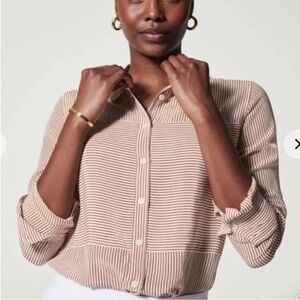 Spanx Low Maintenance Silk Button Down Top Marmalade Stripe Size 2X